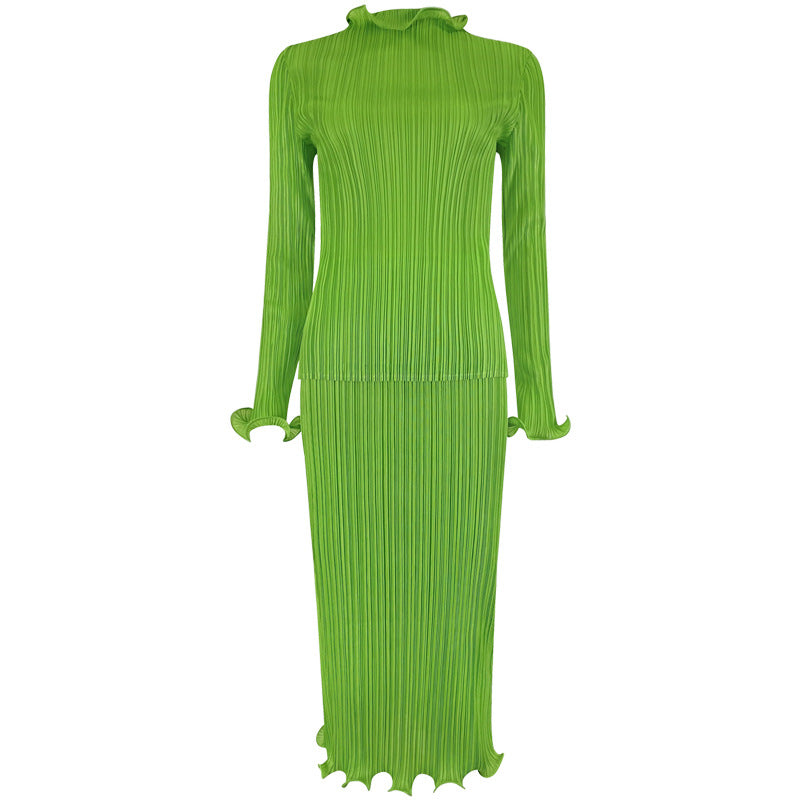 Pleats Please Green Skirt Suit – Fresh Pleated A-Line Two-Piece Set