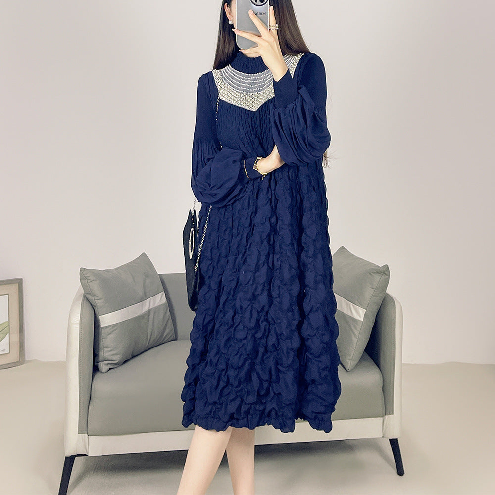 2025 Fall Winter Pleated Beaded Dress – Long Sleeve, Slimming Elegant Maxi Style for Women