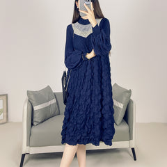 2025 Fall Winter Pleated Beaded Dress – Long Sleeve, Slimming Elegant Maxi Style for Women