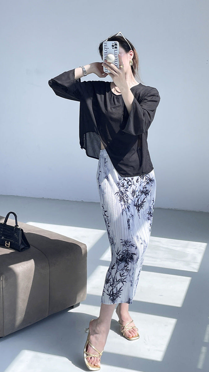 Miyake's new Chinese style skirt women's summer thin ink painting small pleated skirt slimming temperament medium skirt