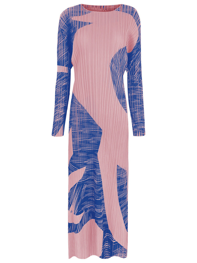 Pleated Gentle Print A-Line Dress – Slim Long Sleeve Elegant Style