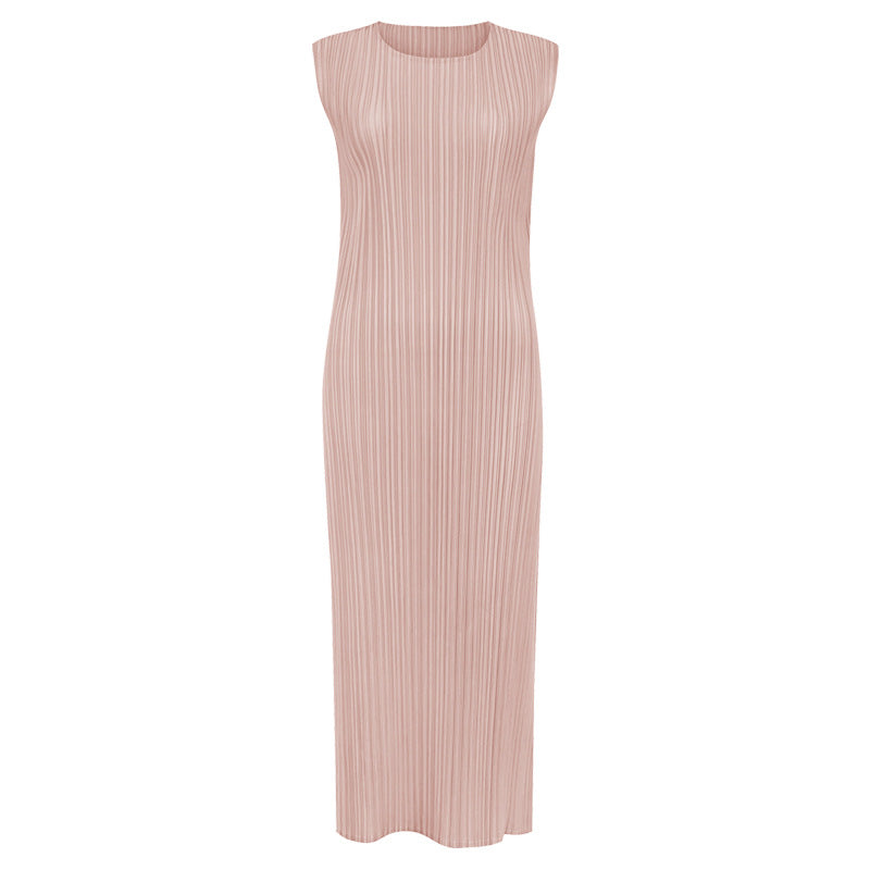 Japanese Style Sleeveless Pleated Dress – Round Neck Elegant Midi