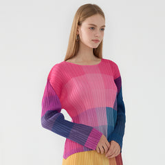 Pleated Check Print Top – Long Sleeve Crew Neck Women’s Style