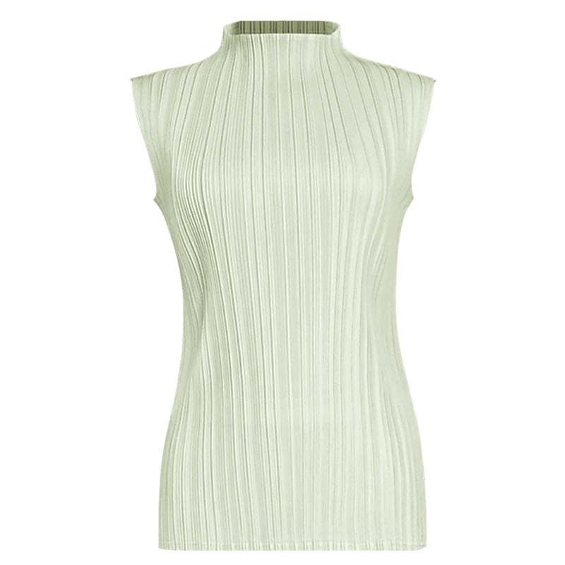 Pleats Summer Slim Sleeveless High-Neck Pleated Vest – Elegant Basic Top