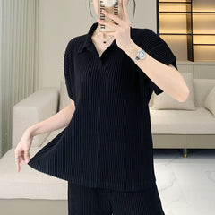 Miyake quality T-shirt top, unisex high-end fashion temperament, versatile polo shirt, casual simple short sleeves