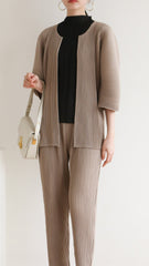 Pleated Two-Piece Set – Lace-Up Cardigan Jacket & Cropped Pants, Casual Chic Style