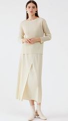 Pleated Skirt Suit – Korean Style Long Sleeve Top and Skirt Set