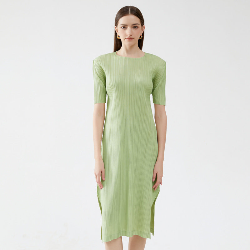 Pleated Solid Color Midi Dress – Short Sleeve Slim A-Line Style