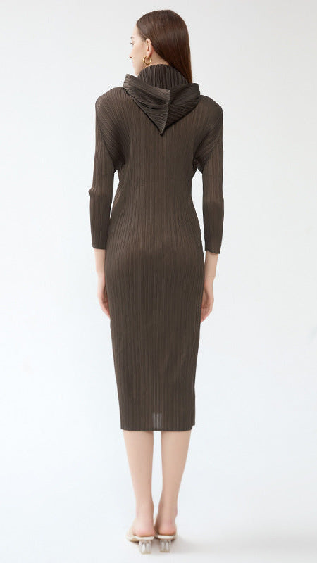 Pleated Hooded A-Line Dress – Solid Color Slim Long Sleeve Winter Style