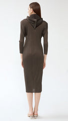 Pleated Hooded A-Line Dress – Solid Color Slim Long Sleeve Winter Style