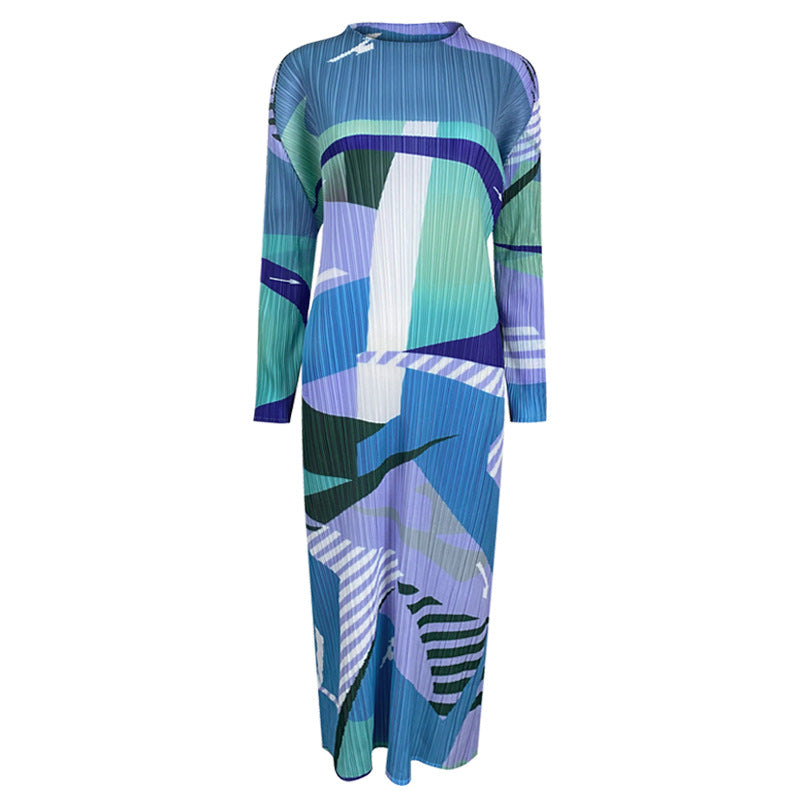 Pleated Printed A-Line Midi Dress – Slim Long Sleeve Women’s Style
