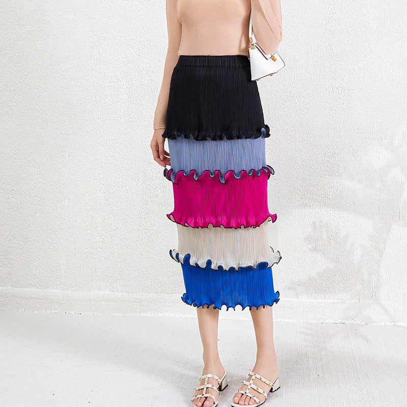 Pleats Please Colorful Striped Maxi Dress – Layered Pleated Long Style