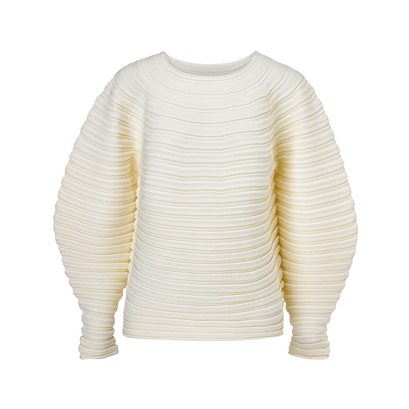 2025 Winter Japanese Pleated Sweater – Crew Neck, Soft Knit, Long Sleeve Solid Color Style