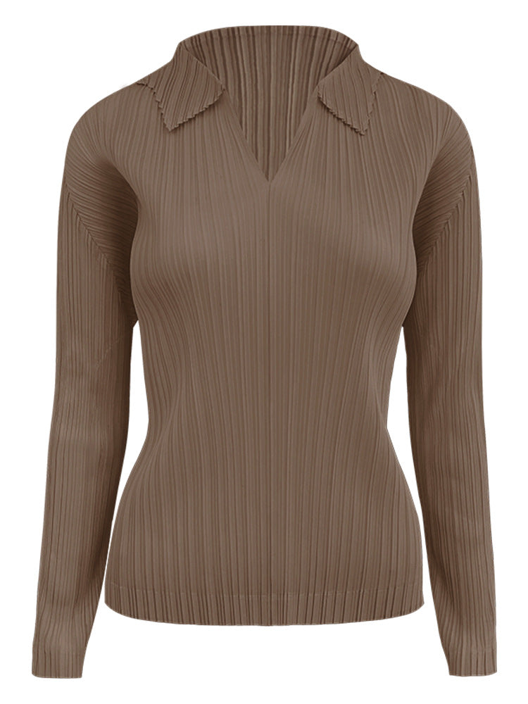 Pleated Polo Collar Top – Slim Fit Long Sleeve Casual Tee