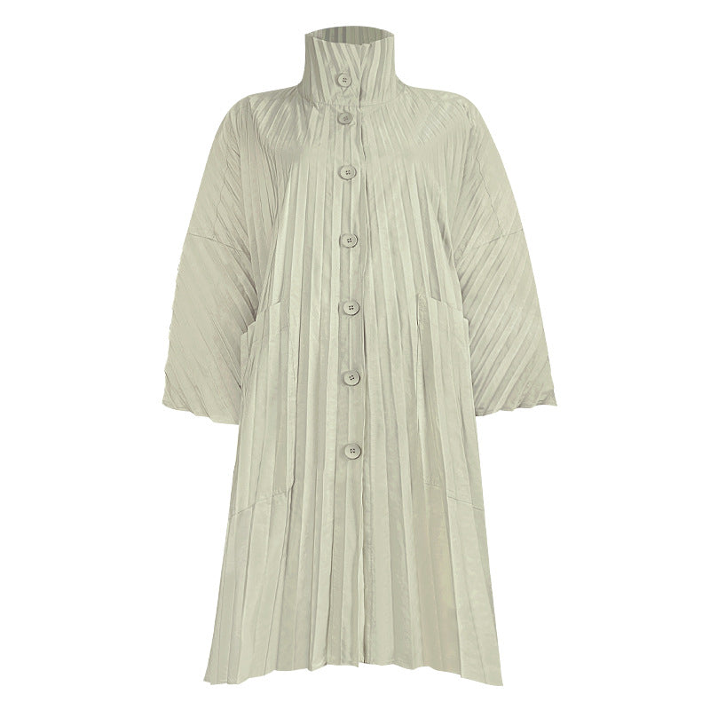 Pleats Please Solid Color Windbreaker – Pleated Midi-Length Trench Coat