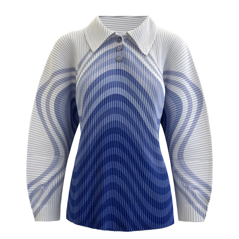 Women’s Fall Pleated Striped Long-Sleeve Top – Loose Slim Fit T-Shirt