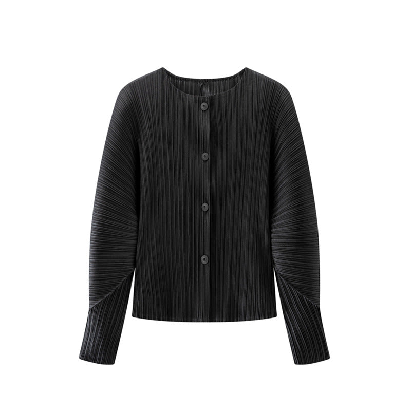 Women’s Spring Pleated Cardigan – Solid Color Round Neck Short Jacket