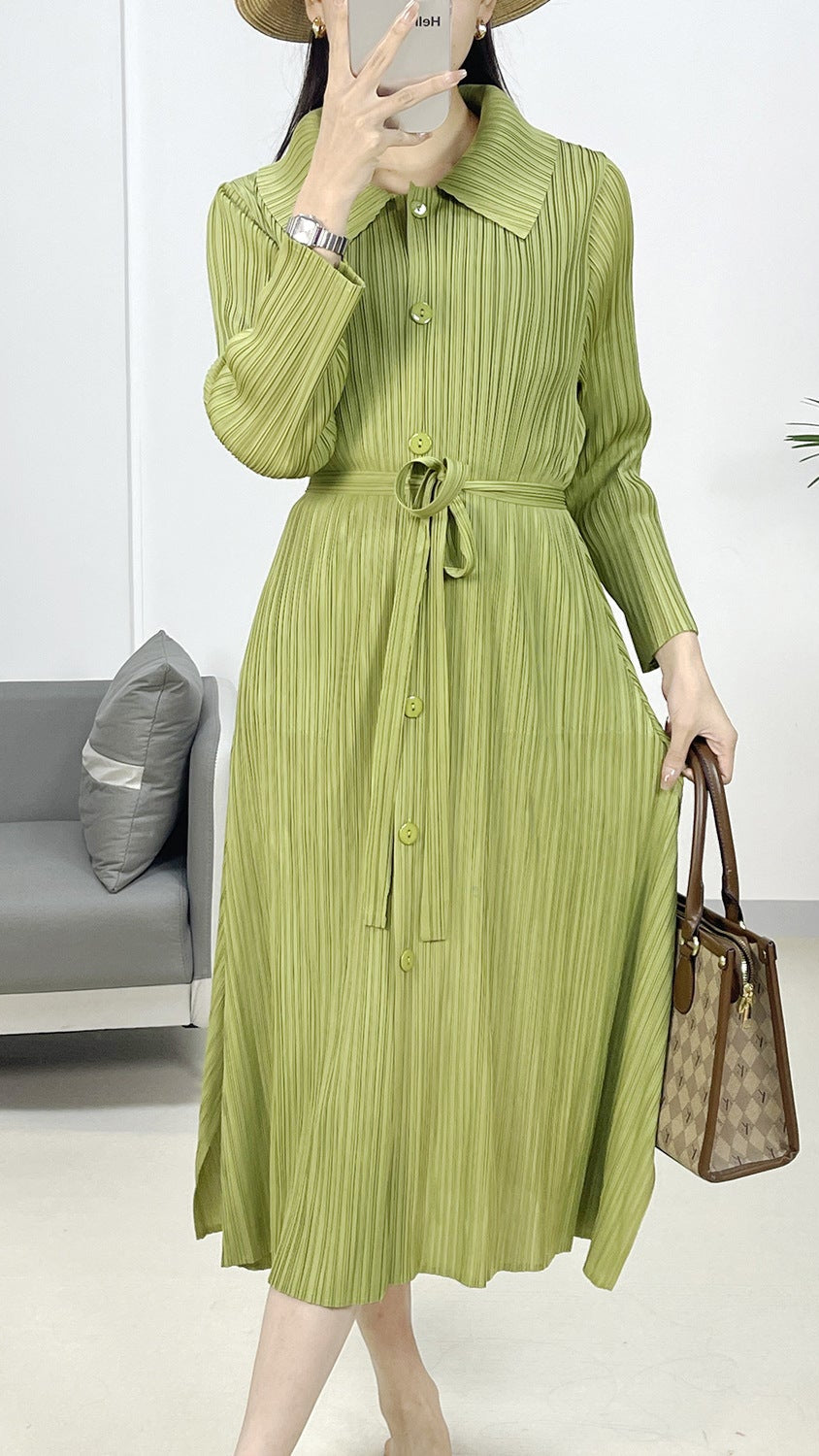 2025 Fall Winter Pleated Tie-Waist Dress – Stretchy Loose Fit, Elegant & Versatile Style for Women