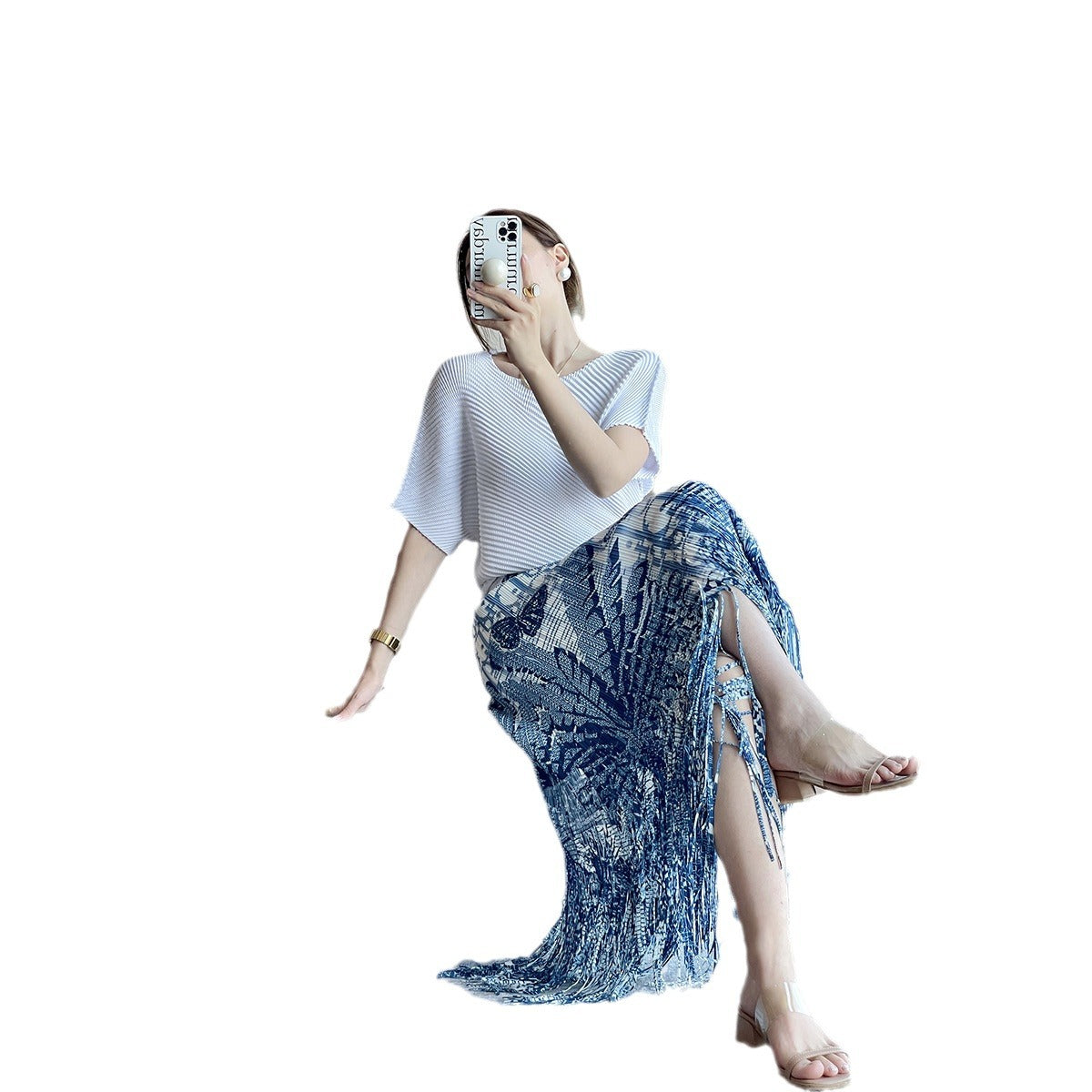 Pleated 2025 summer new high-end printed slimming Miyake skirt fringed temperament elegant design skirt