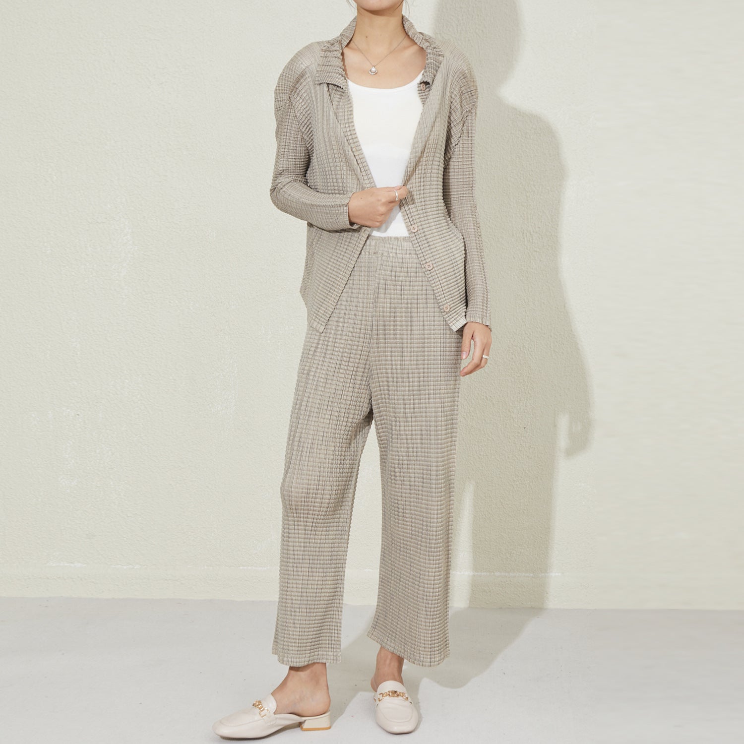 Pleated Casual Wide-Leg Pants Set – Chic Two-Piece Women’s Outfit