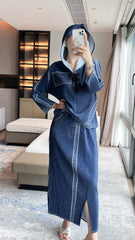 2025 Fall Winter Pleated Denim Two-Piece Set – Hooded Top & Slit Skirt, Casual Chic Style