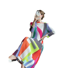 2025 Pleated Autumn New High-End Geometric Print Crew Neck Slim Slim Dress Elegant Long Skirt