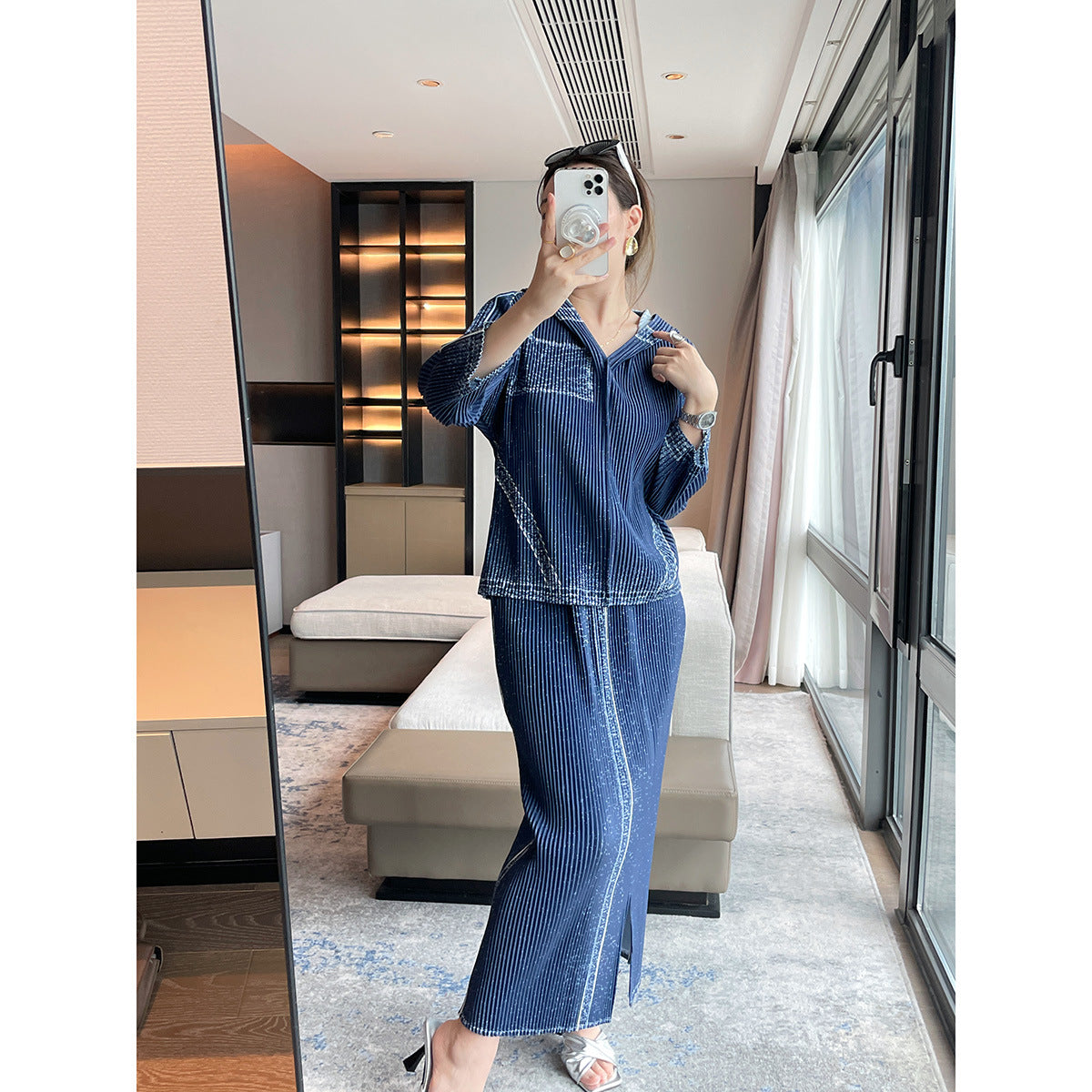 2025 Fall Winter Pleated Denim Two-Piece Set – Hooded Top & Slit Skirt, Casual Chic Style