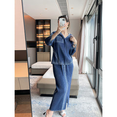 2025 Fall Winter Pleated Denim Two-Piece Set – Hooded Top & Slit Skirt, Casual Chic Style