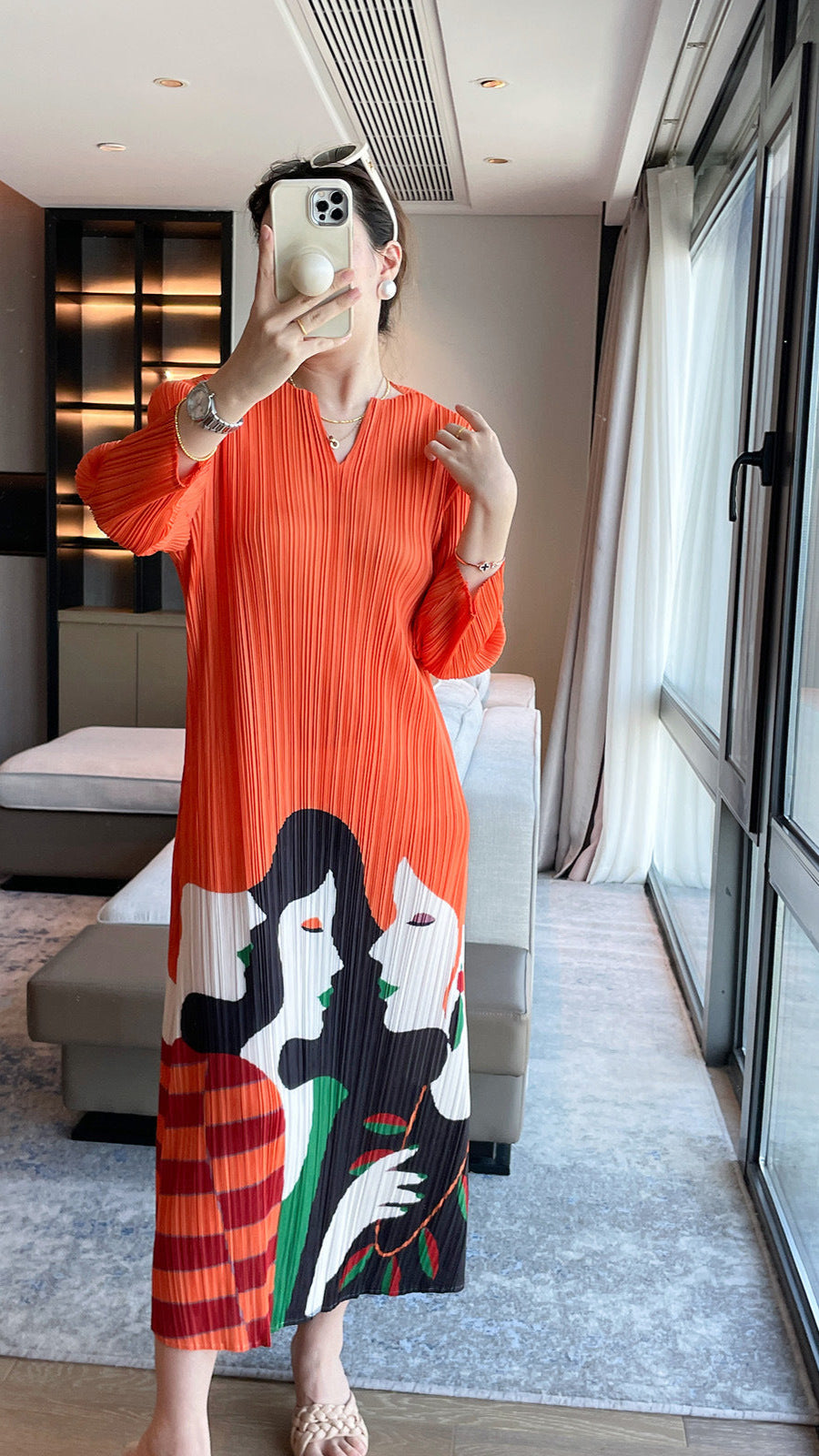 2025 Fall Winter Pleated V-Neck Printed Maxi Dress – Elegant Slim Fit French Style