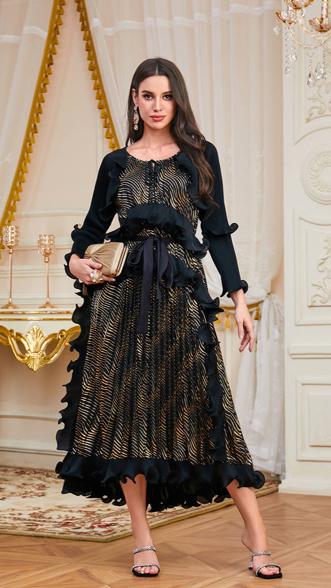 2025 cross-border new Arab heavy industry pleated fungus edge lace-up bronzing dress pleated temperament dress for women