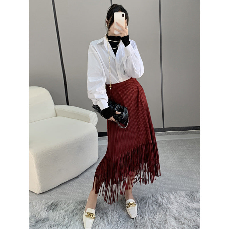 Women’s Fall Pleated Midi Skirt – Fringe Detail High-End Style