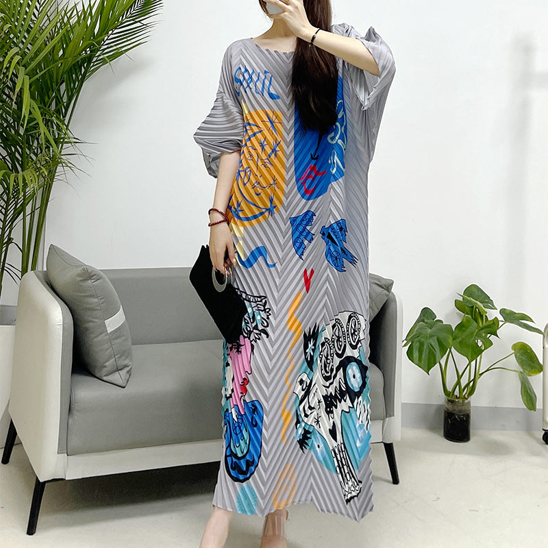 2025 Fall Winter Pleated Printed Maxi Dress – V-Fold Design, Elegant Casual Style for Women