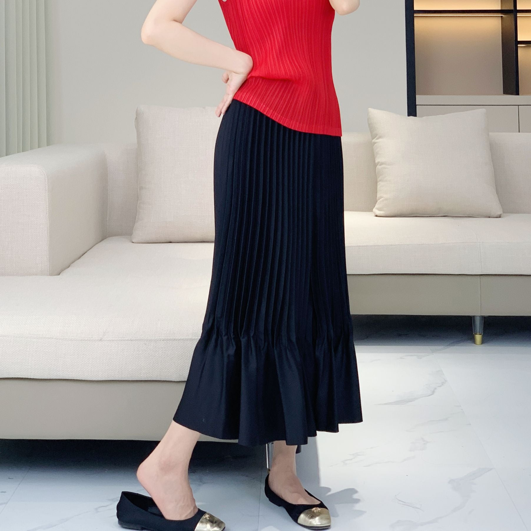 Issey Miyake Pleats Please Style 緞面荷葉邊百褶夏季半身裙