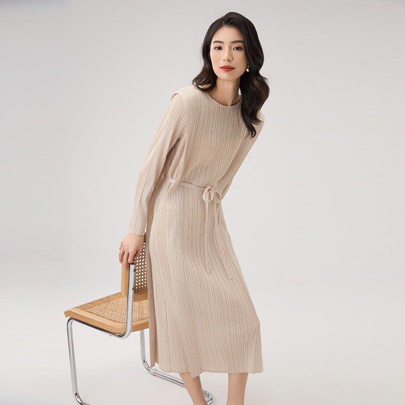2025 Spring Summer Pleated Maxi Dress – Solid Color, Crew Neck, Lace-Up Waist, Elegant Style