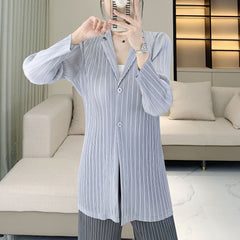 Miyake pleated striped casual suit top women's autumn new fashion temperament commuting loose long sleeve jacket cardigan