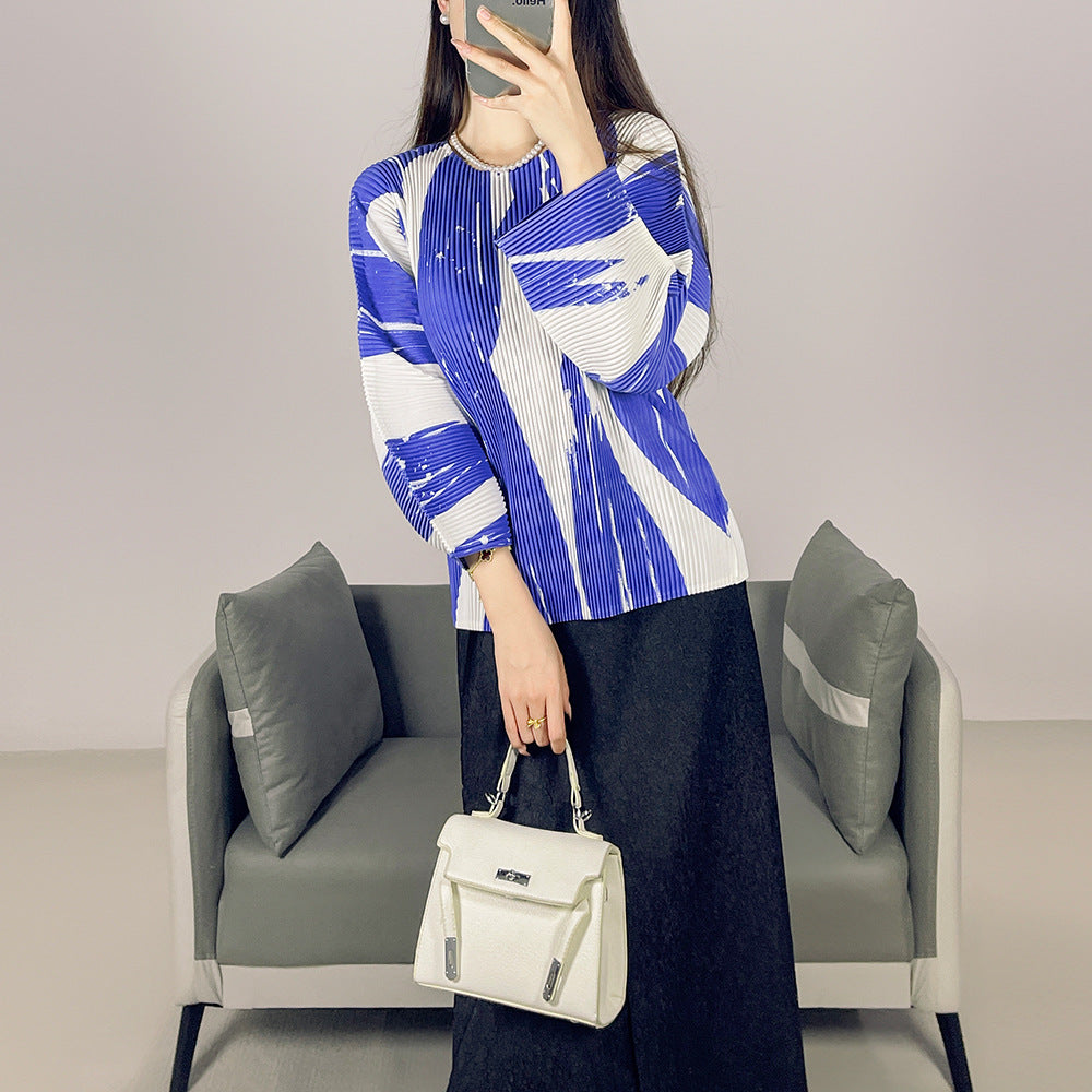 2025 Fall Winter Pleated Printed T-Shirt – Loose Fit, Lightweight Casual Top for Women