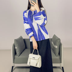 2025 Fall Winter Pleated Printed T-Shirt – Loose Fit, Lightweight Casual Top for Women