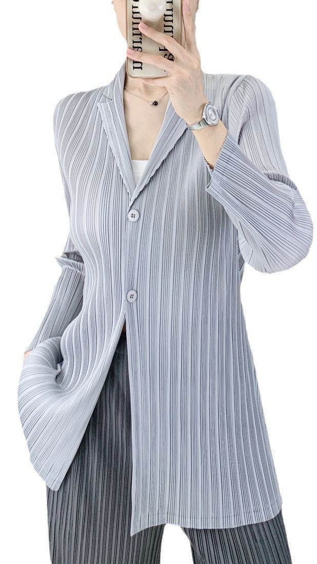 Miyake pleated striped casual suit top women's autumn new fashion temperament commuting loose long sleeve jacket cardigan