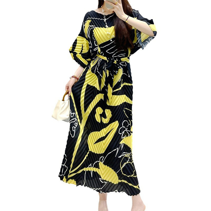2025 Fall Winter Pleated Printed Maxi Dress – V-Fold Design, Elegant Casual Style for Women