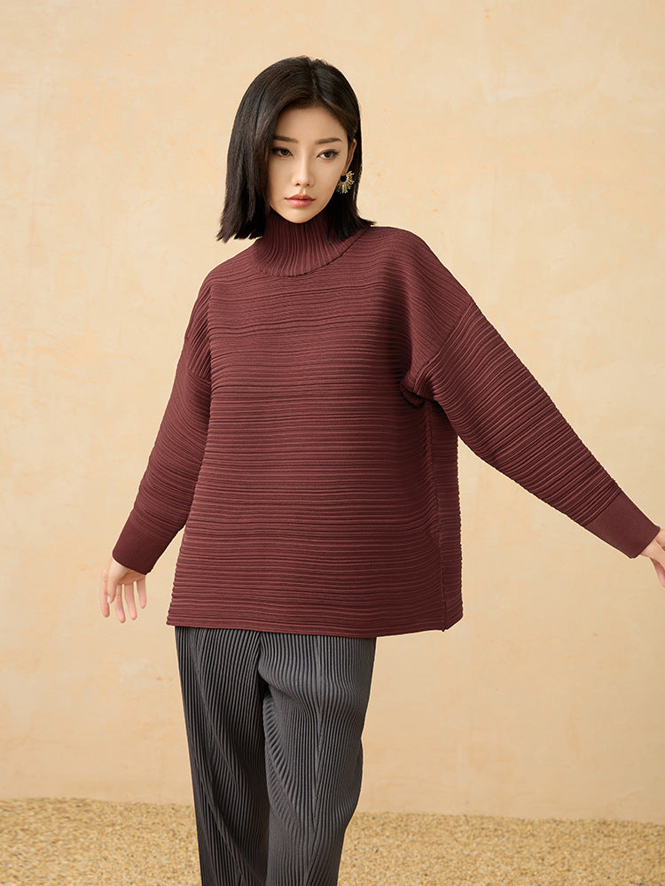 2025 Fall Winter High Neck Pleated Sweater – Retro Loose Fit, Cozy Thick Knit Pullover for Women