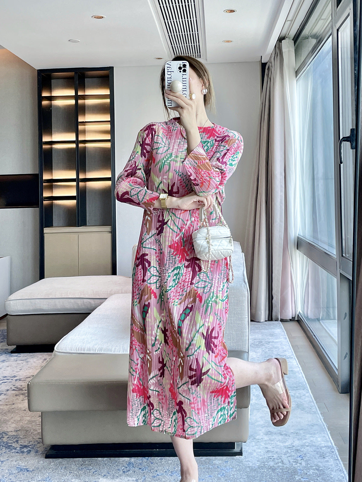 2025 Fall Winter Pleated Jungle Print Dress – Elegant Slim Fit Midi Style for Women