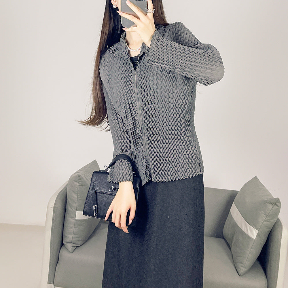 2025 Fall Winter High-End Pleated Wavy Jacket – Solid Color Lapel, Long Sleeve Zipper Cardigan for Women