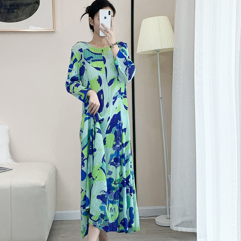 2025 Fall Winter Pleated Printed Dress – Slim Fit, Elegant High-End Style for Women