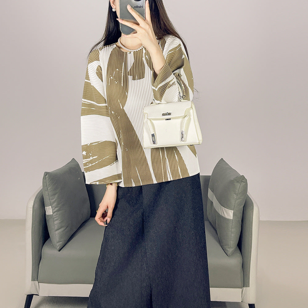 2025 Fall Winter Pleated Printed T-Shirt – Loose Fit, Lightweight Casual Top for Women