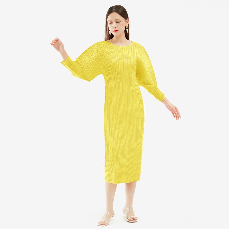 Pleated Casual A-Line Midi Dress – Slim Long Sleeve Women’s Style