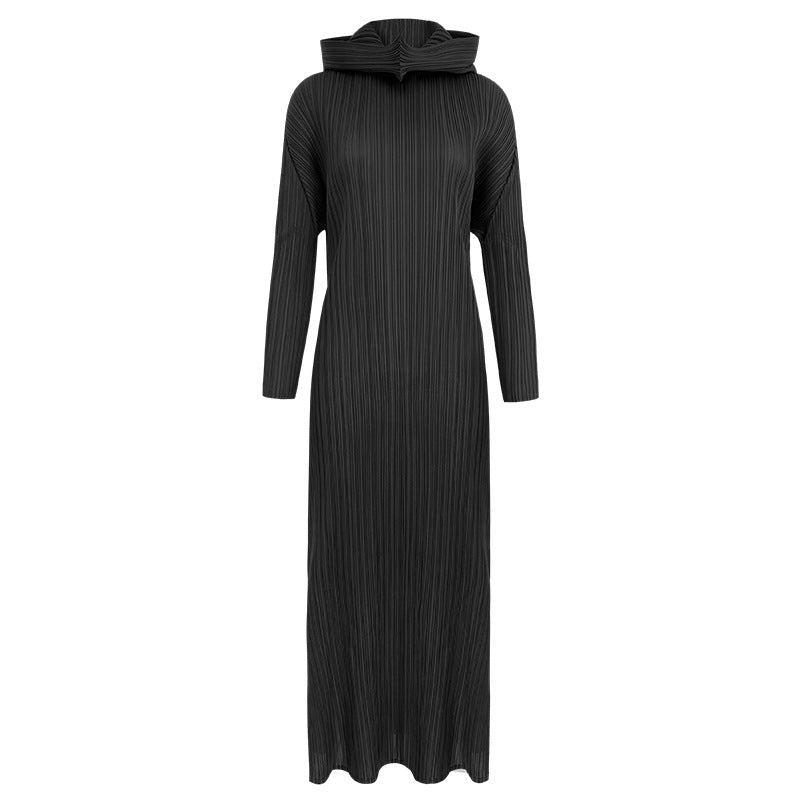 Pleated Hooded A-Line Dress – Solid Color Slim Long Sleeve Winter Style