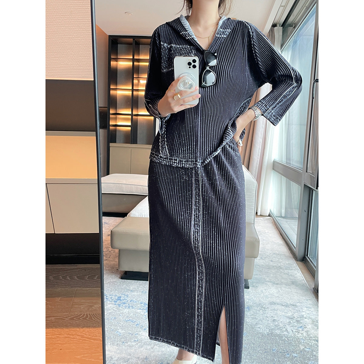 2025 Fall Winter Pleated Denim Two-Piece Set – Hooded Top & Slit Skirt, Casual Chic Style