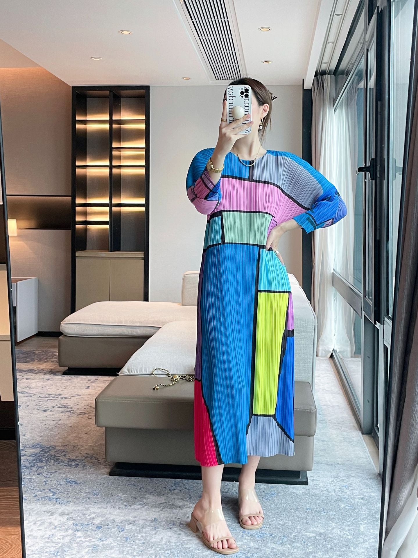 Women’s Spring Pleated Maxi Dress – High-End Plaid Print Slim Fit Crew Neck Style