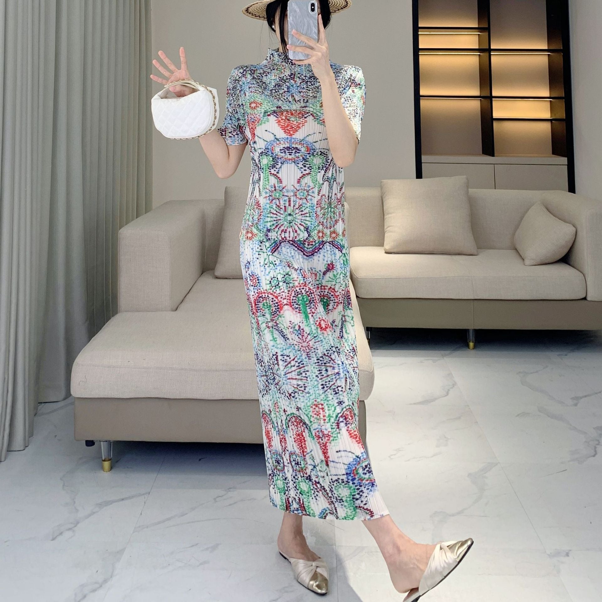 Issey Miyake Pleats Please Style 復古印花修身兩件套
