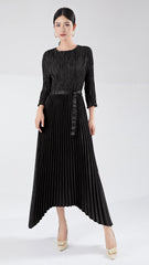Pleats Please Irregular Bronzing Maxi Dress – Elegant Lace-Up Pleated Long Dress